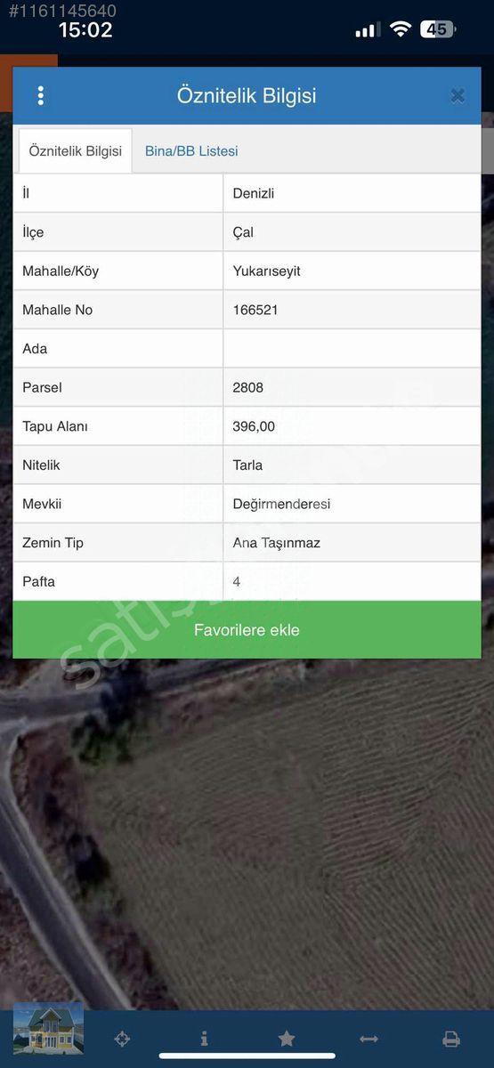 TÜM KARTLARA 12 AY TAKSİT YOLLU 396 m2 TARLA