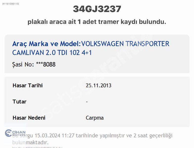 CİHAN MOTORS 2011 Transporter 2.0 TDI Camlı van 5+1 Tramer (Yok)