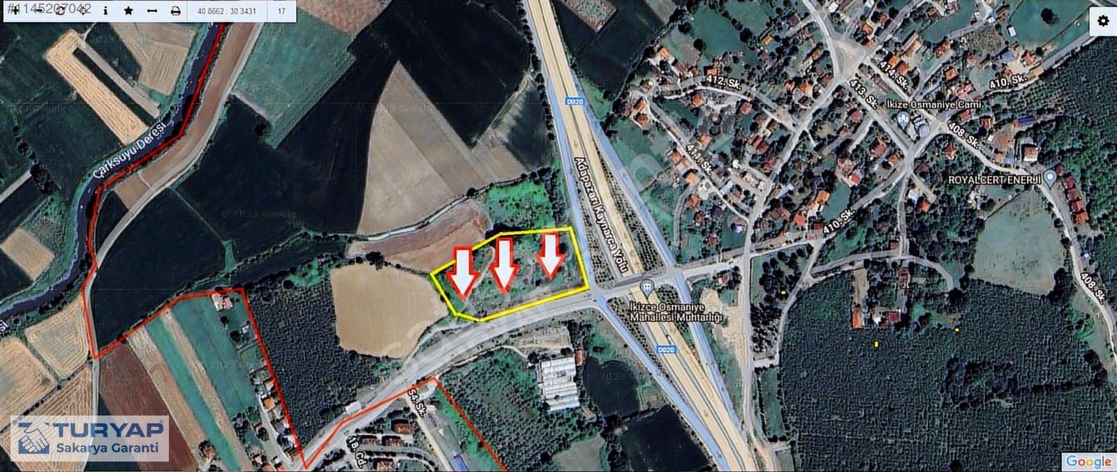 SAKARYADAPAZARI EKİZCEOSMANİYE KAVŞAKTA YOLA CEPHE 9465 M2 TARLA