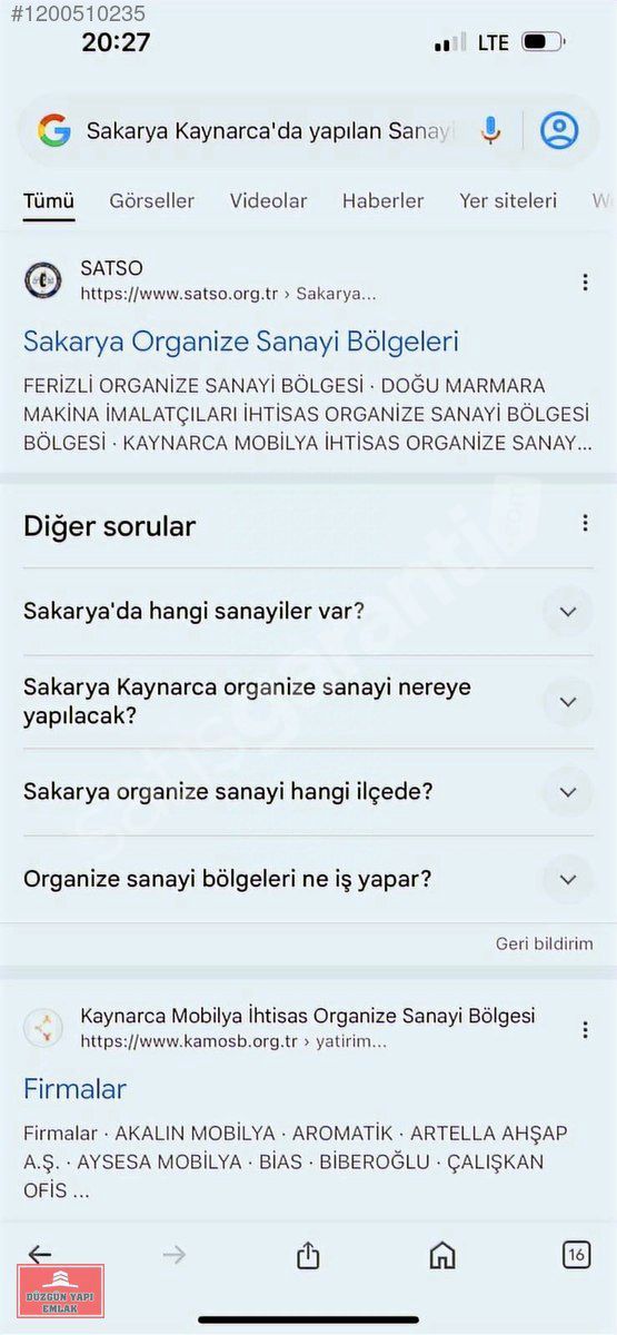 Sakarya ili Kaynarca ilçesi Gölce mahallesinde 1204 m2 OSB 1 km