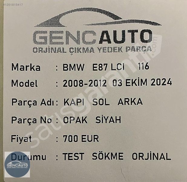 BMW E87 LCI 116 KAPI OPAK SİYAH SÖKME ORJİNAL SOL ARKA