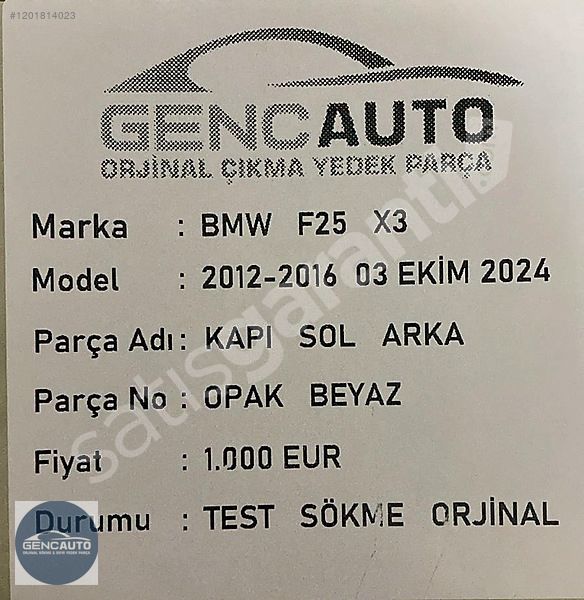 BMW F25 X3 KAPI OPAK BEYAZ SÖKME ORJİNAL SOL ARKA