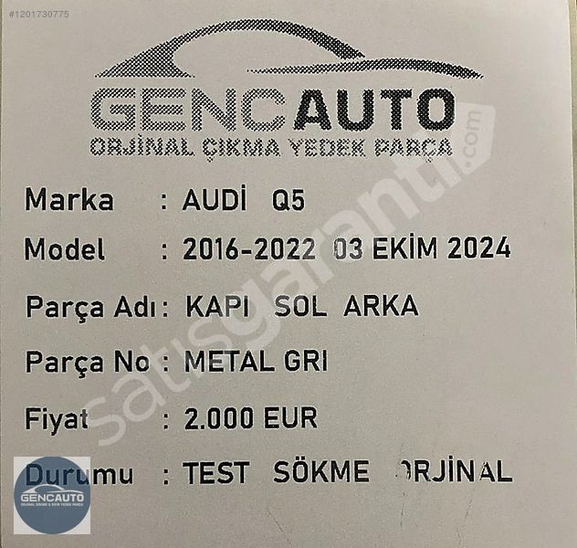 AUDİ Q5 METAL GRİ KAPI SÖKME ORJİNAL SOL ARKA