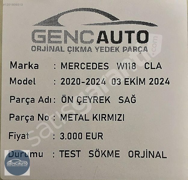 MERCEDES W118 CLA ÖN ÇEYREK SAĞ METAL KIRMIZI SÖKME ORJİNAL