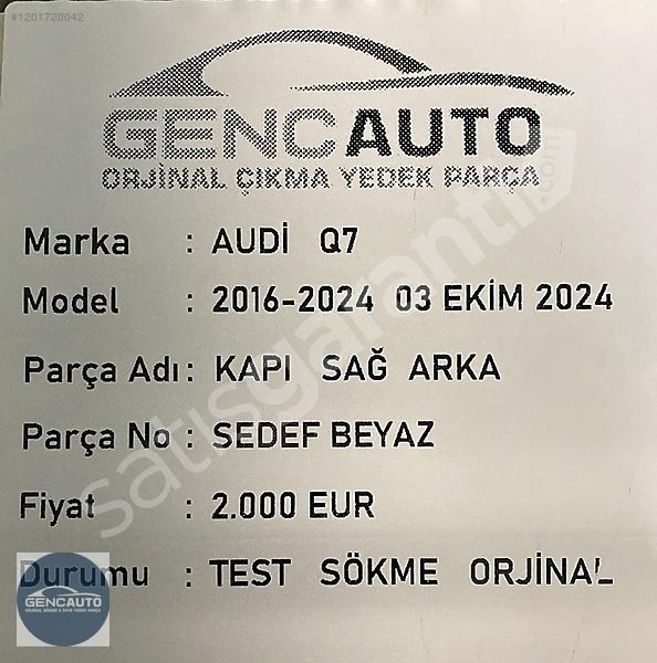 AUDİ Q7 KAPI SÖKME ORJİNAL SEDEF BEYAZ SAĞ ARKA