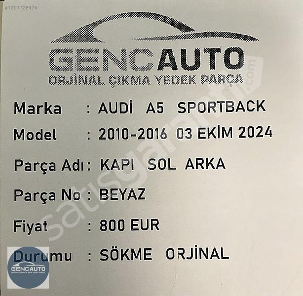 AUDİ A5 SPORTBACK KAPI BEYAZ SÖKME ORJİNAL SOL ARKA