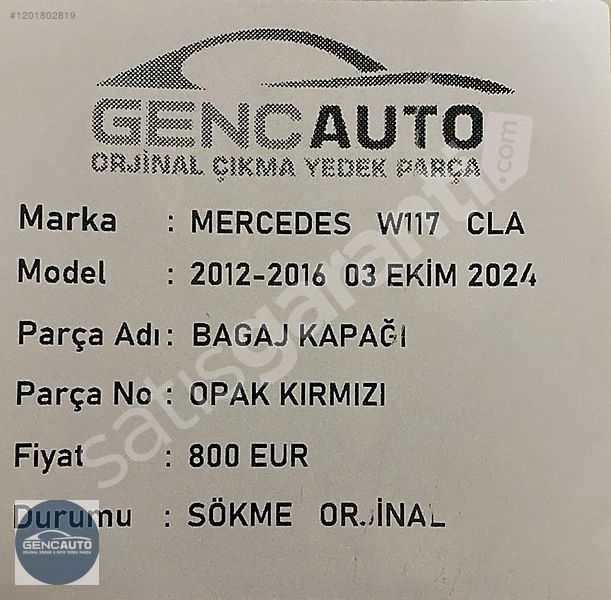MERCEDES W117 CLA BAGAJ KAPAĞI OPAK KIRMIZI SÖKME ORJİNAL