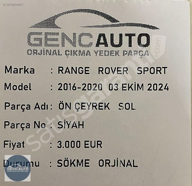 RANGE ROVER SPORT ÖN ÇEYREK SOL SİYAH SÖKME ORJİNAL