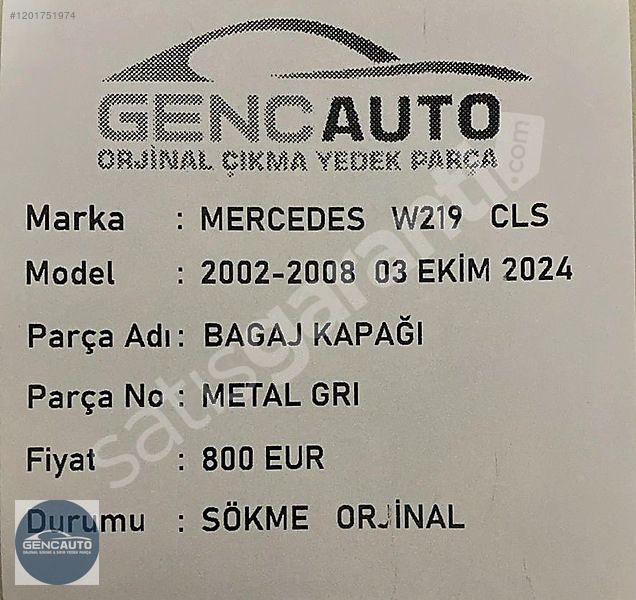 MERCEDES W219 CLS BAGAJ KAPAĞI METAL GRİ SÖKME ORJİNAL