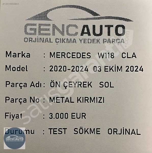 MERCEDES W118 CLA ÖN ÇEYREK SOL METAL KIRMIZI SÖKME ORJİNAL