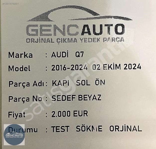 AUDİ Q7 KAPI SÖKME ORJİNAL SEDEF BEYAZ SOL ÖN