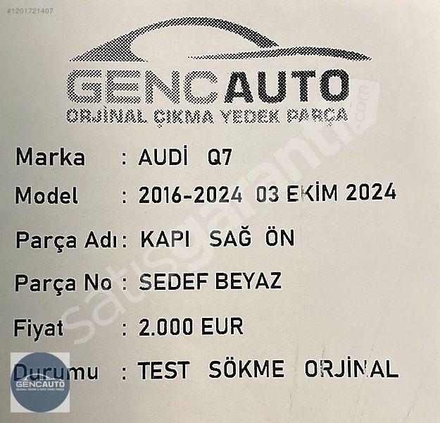 AUDİ Q7 KAPI SÖKME ORJİNAL SEDEF BEYAZ SAĞ ÖN