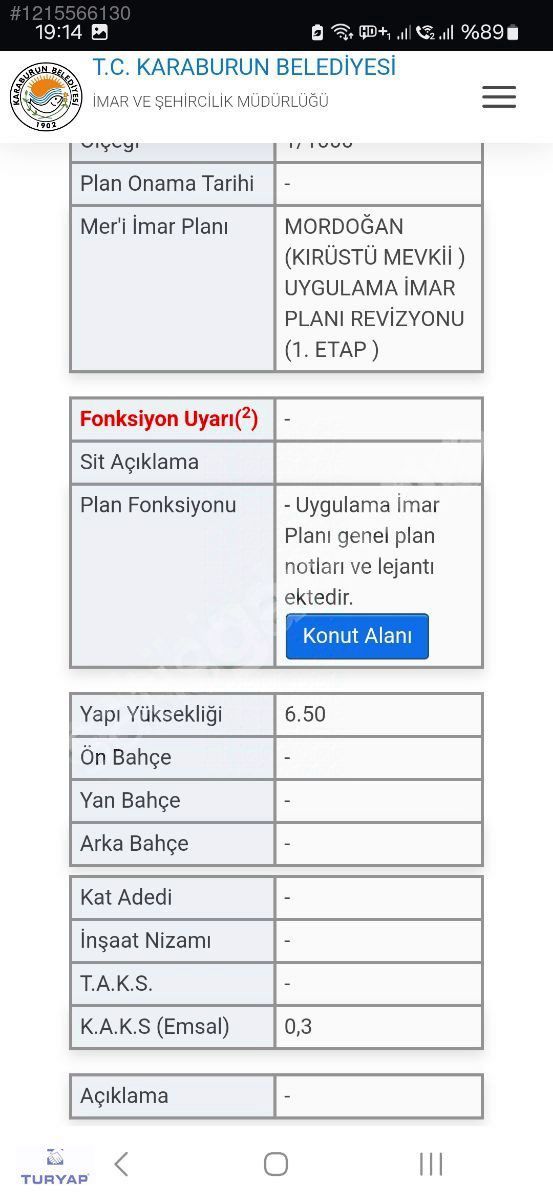 Karaburun Çatalkaya'da Satılık İmarlı Arsa.