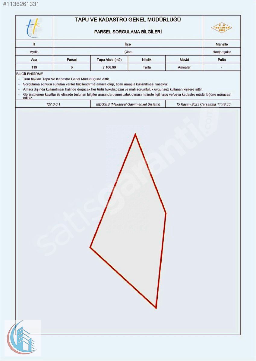 AYDIN ÇİNE HACIPAŞALAR TEK TAPU 2107 m2 SATILIK TARLA