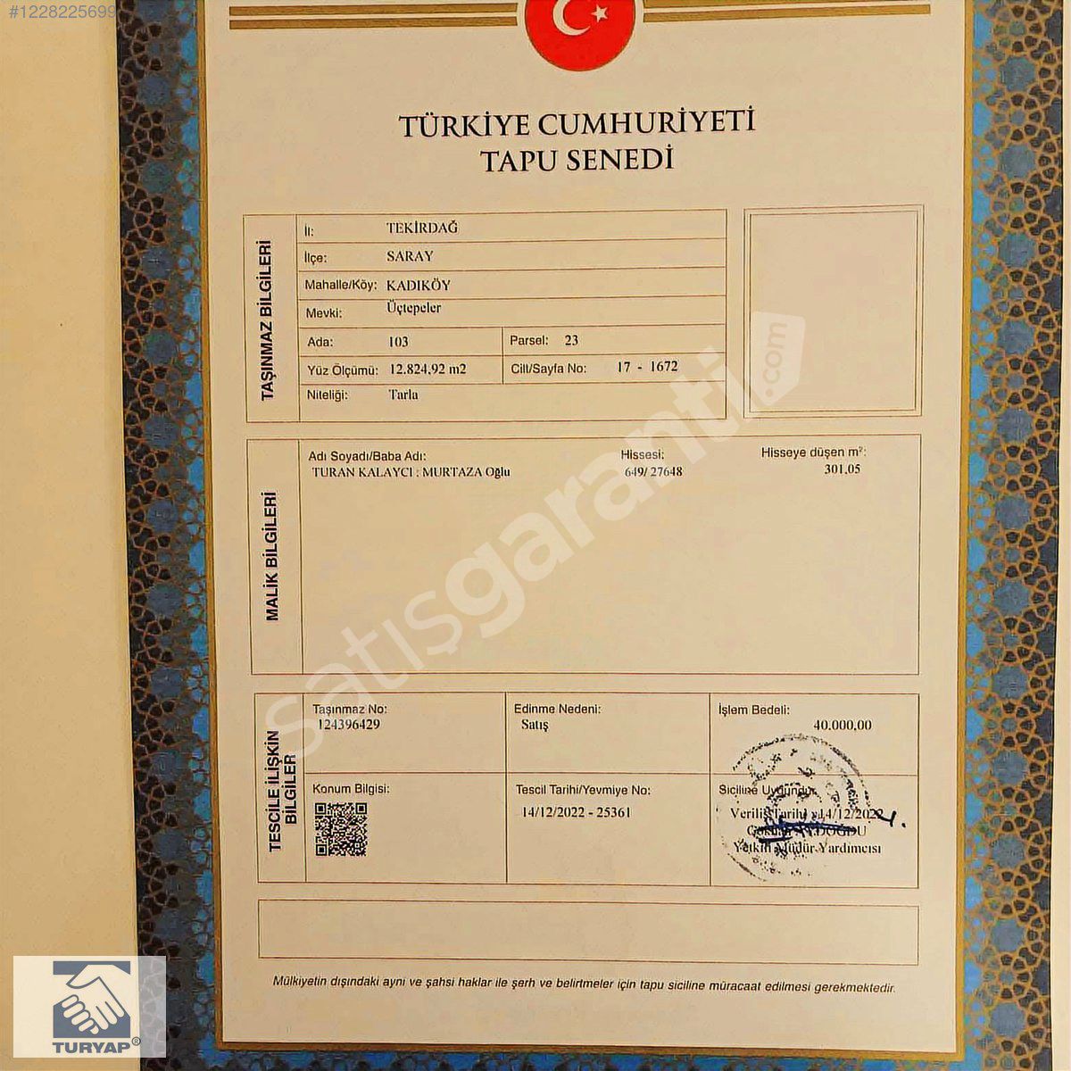 TURYAP DAN TEKİRDAĞ KADIKÖYDE SATILIK TARLA