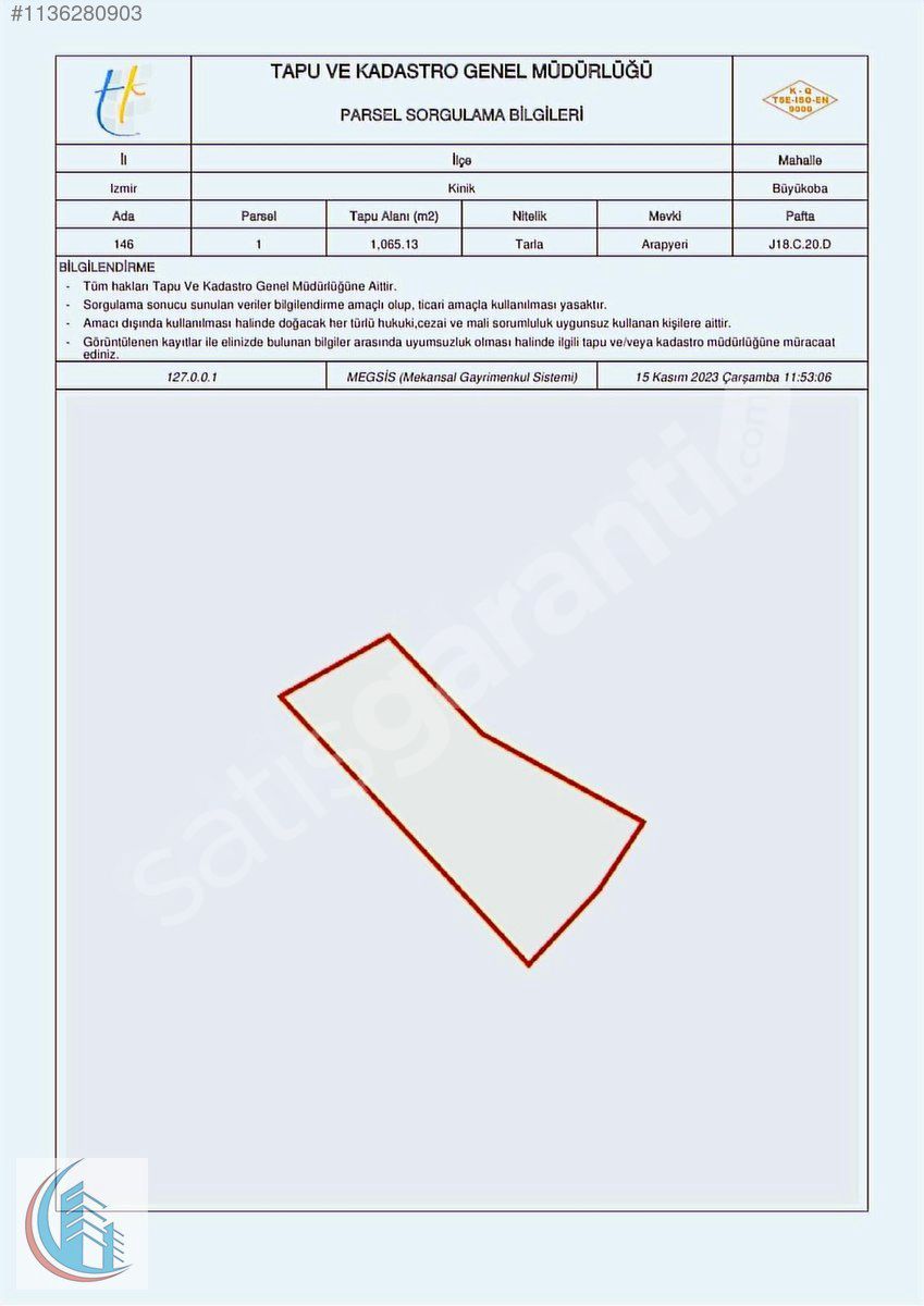 İZMİR KINIK BÜYÜKOBA DA TEK TAPU 1065 m2 SATILIK TARLA