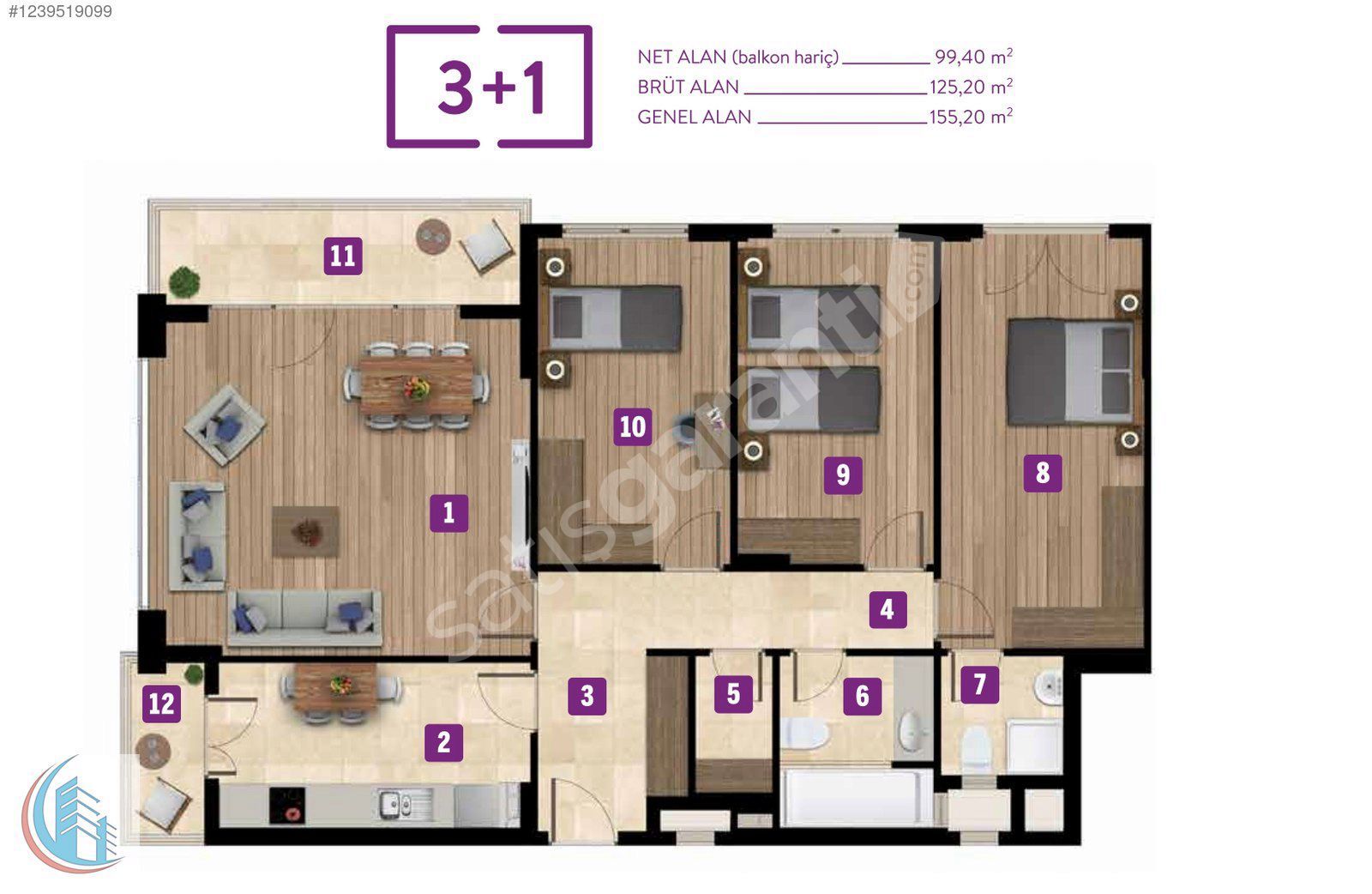 FOLKART LİNE KİRALIK DAİRE 3+1 ARA KAT KİLERLİ VE ÇİFT BANYOLU