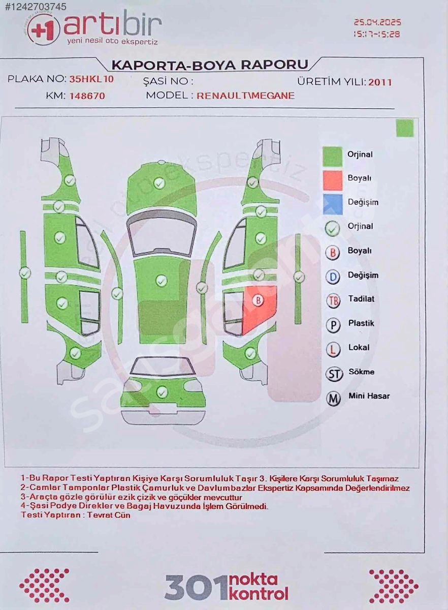 Bir parça boyalı harici hatasız
