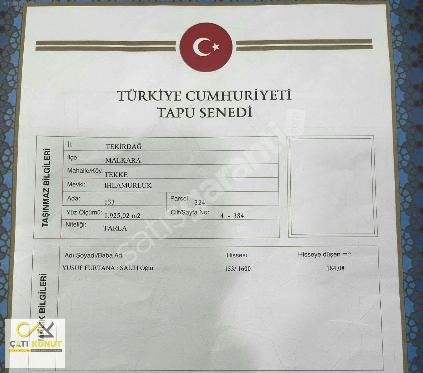 EDİRNE'DE ELDEN SENET İMKANI İLE 113M2 TARLA
