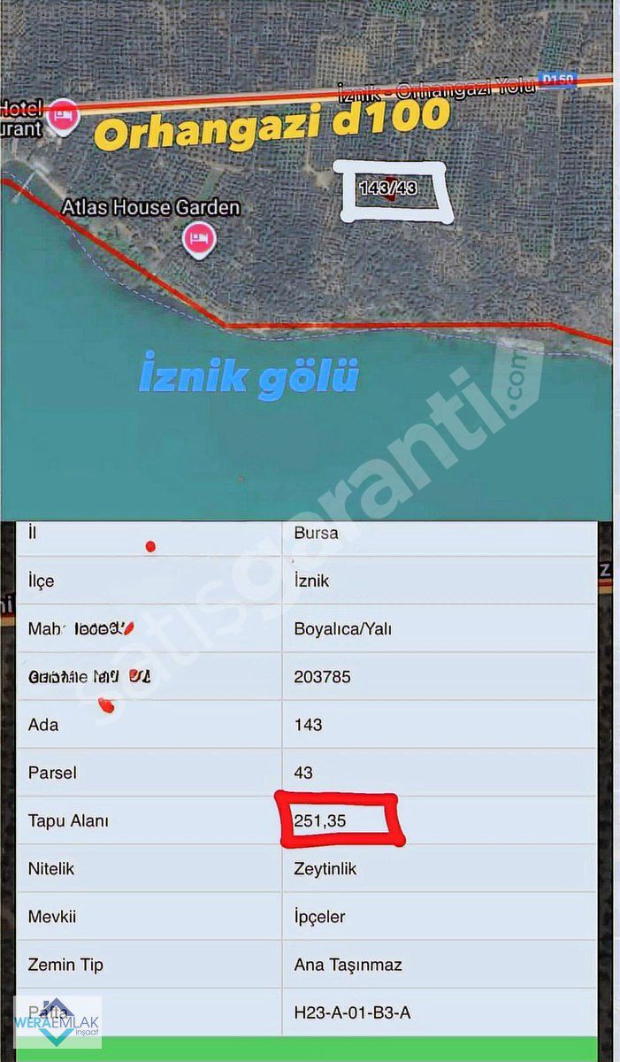 BURSA İZNİK BOYALI/YALI 251M2 YOLU OLAN ZEYTİNLİK