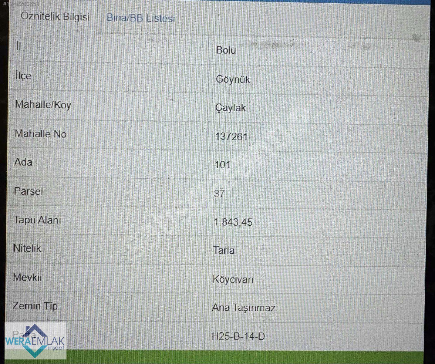 BOLU GÖYNÜK ÇAYLAK KÖYÜ 1845 M2 TARLA