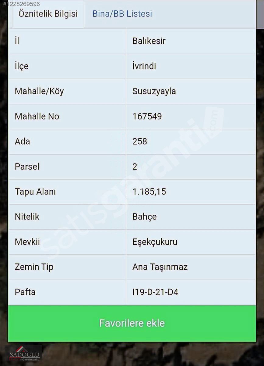 BALIKESİR İVRİNDİ SUSUZYAYLA'DA 1.185 m2 Satılık bahçe nitelikli