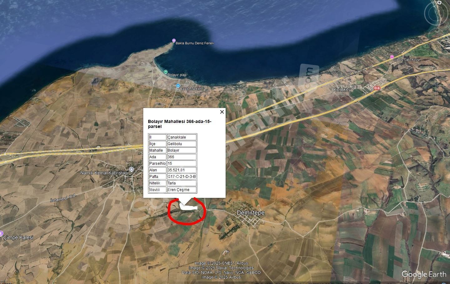 Gelibolu Bolayır’da Satılık 35.500 m² Tarla – 4'te 1 Fiyatına