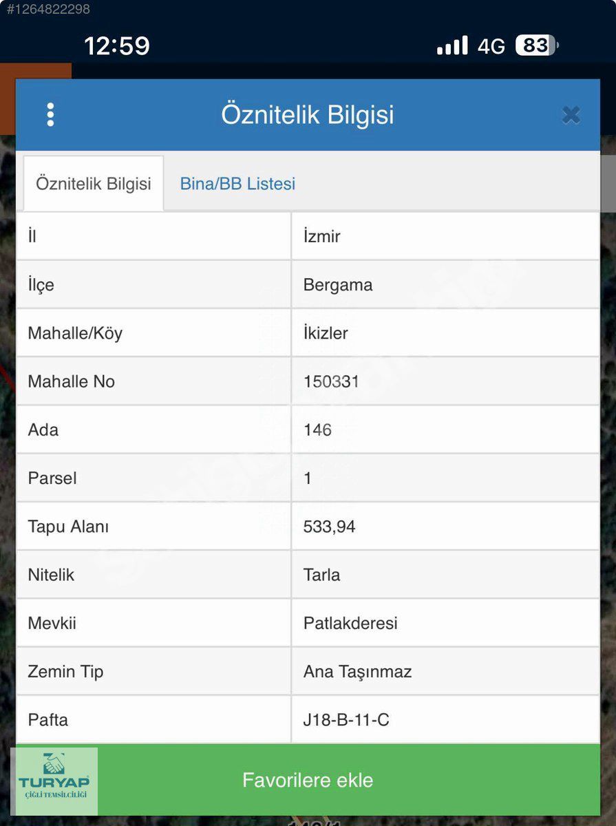 İzmir Bergama ikizler Mahalles'inde Satılık Tarla