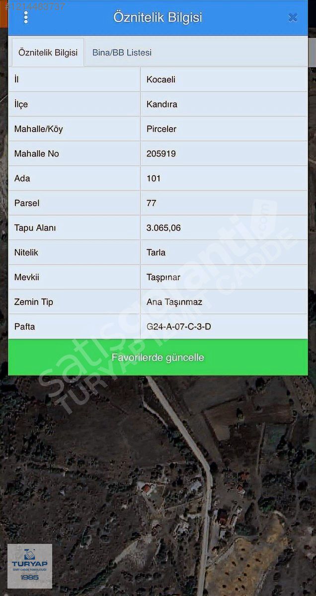 TURYAP'TAN KANDIRA PİRCELER DE 3.065 M2 TEK TAPU SATILIK TARLA