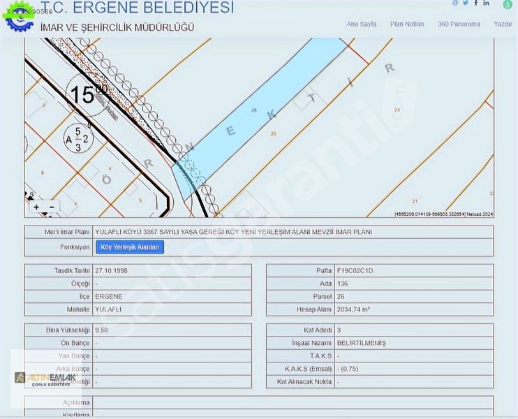 ERGENE YULAFLI MAHALLESİ'NDE KÖY İÇİ İMARLI SATILIK ARSA 2034 m²