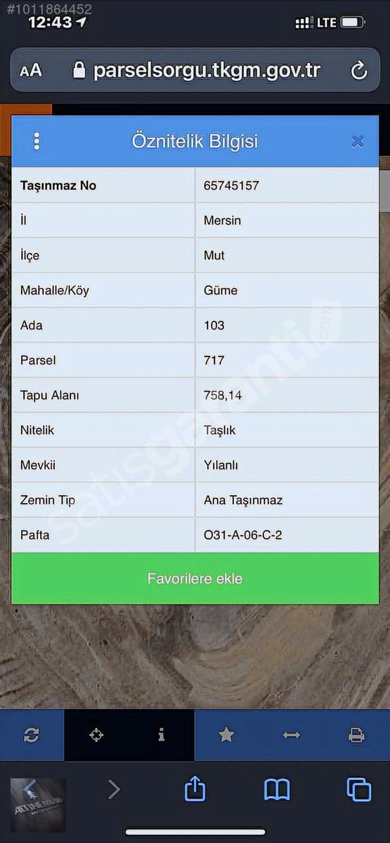 Mersin Mut Gümede 72000m2 12500 dönüm meralı arazi
