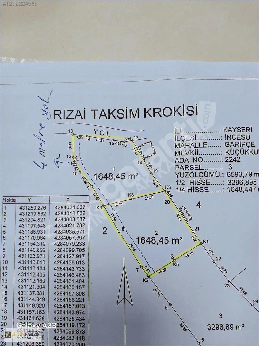 KAYSERİ İNCESU GARİPÇEDE 1648 m2 TEMİZ PARSEL