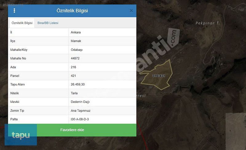 Ankara Mamak Odabaşı'nda 26 Dönüm Tarla