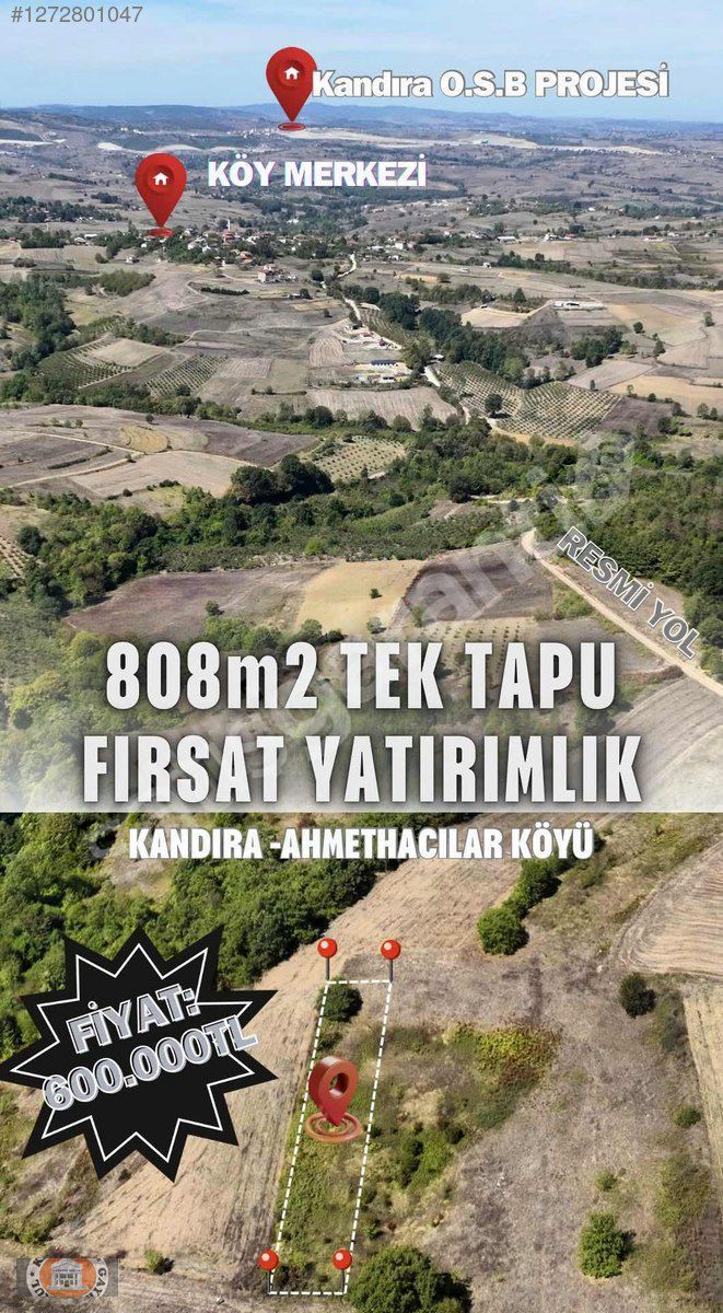 KANDIRA AHMETHACILAR KÖYÜNDE 808m2 FIRSAT YATIRIMLIK ARAZİ