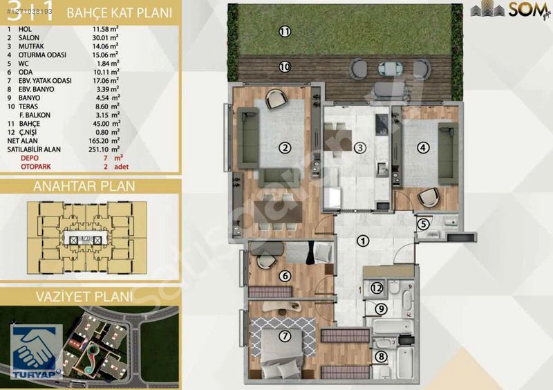TURYAP'DAN SOM ZERAFET KONAKLARI 2 DE BAHÇELİ 3+1 SATILIK DAİRE