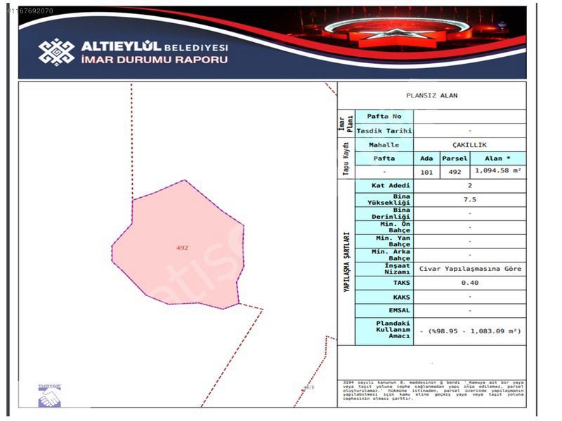 ALTIEYLÜL ÇAKILLIK MH. %40 İMARLI SATILIK KELEPİR ARSA