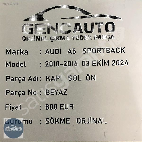 AUDİ A5 SPORTBACK KAPI BEYAZ SÖKME ORJİNAL SOL ÖN