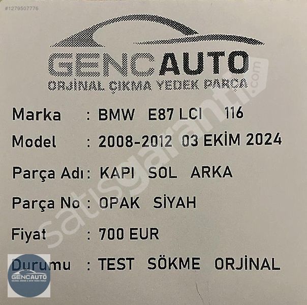 BMW E87 LCI 116 KAPI OPAK SİYAH SÖKME ORJİNAL SOL ARKA