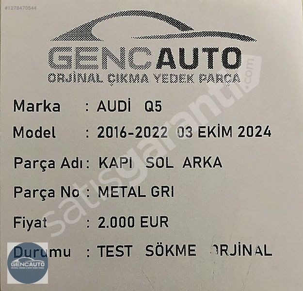 AUDİ Q5 METAL GRİ KAPI SÖKME ORJİNAL SOL ARKA