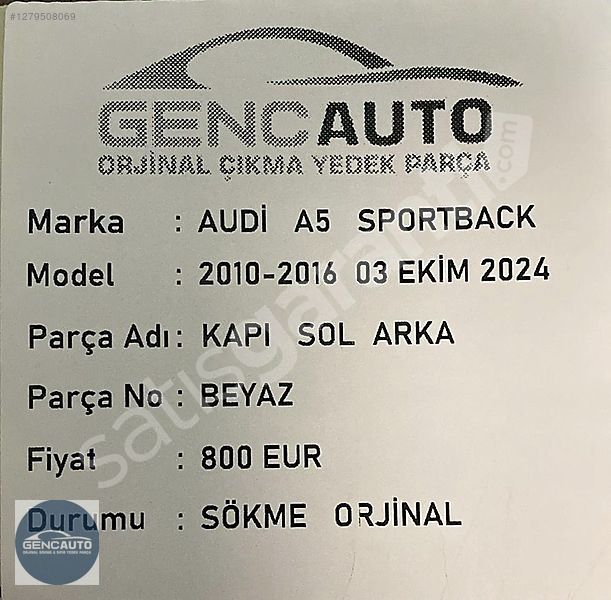 AUDİ A5 SPORTBACK KAPI BEYAZ SÖKME ORJİNAL SOL ARKA