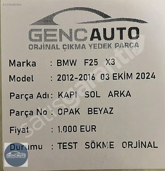 BMW F25 X3 KAPI OPAK BEYAZ SÖKME ORJİNAL SOL ARKA