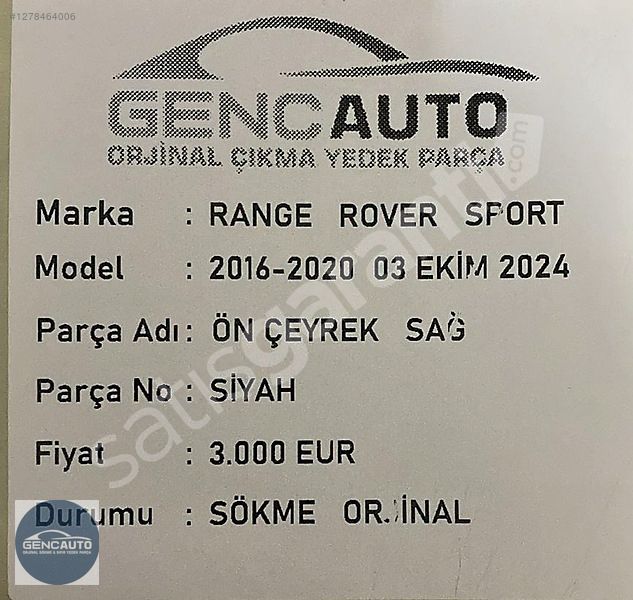 RANGE ROVER SPORT ÖN ÇEYREK SAĞ SİYAH SÖKME ORJİNAL
