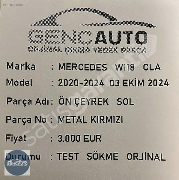 MERCEDES W118 CLA ÖN ÇEYREK SOL METAL KIRMIZI SÖKME ORJİNAL