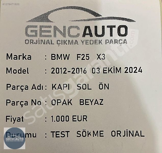 BMW F25 X3 KAPI OPAK BEYAZ SÖKME ORJİNAL SOL ÖN