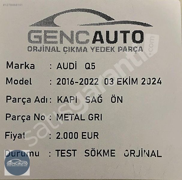 AUDİ Q5 METAL GRİ KAPI SÖKME ORJİNAL SAĞ ÖN