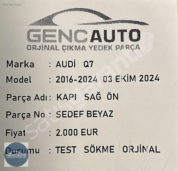 AUDİ Q7 KAPI SÖKME ORJİNAL SEDEF BEYAZ SAĞ ÖN