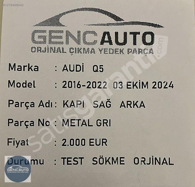 AUDİ Q5 METAL GRİ KAPI SÖKME ORJİNAL SAĞ ARKA