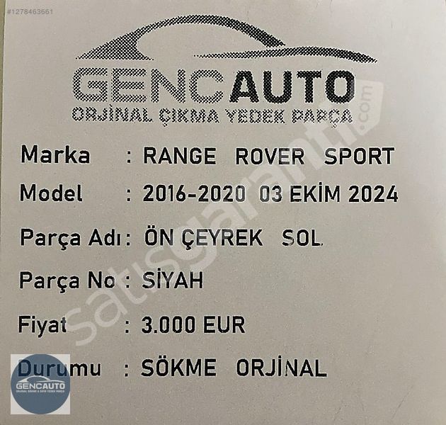 RANGE ROVER SPORT ÖN ÇEYREK SOL SİYAH SÖKME ORJİNAL