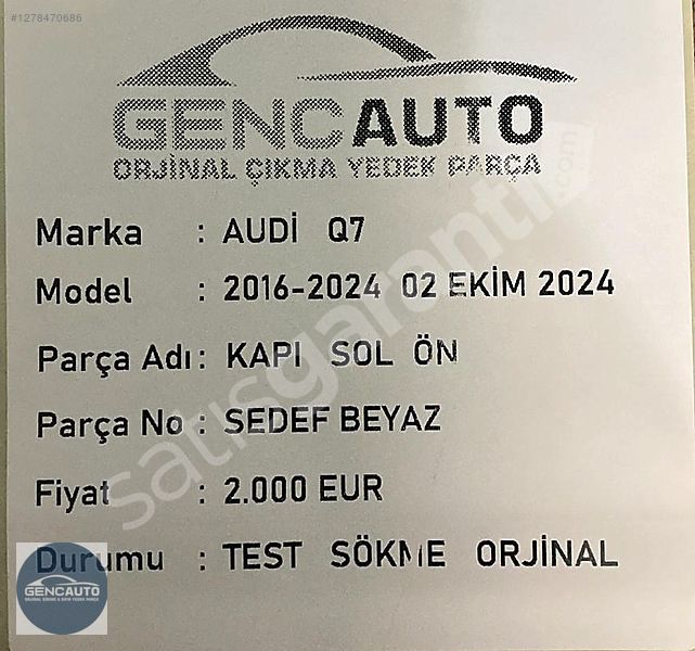 AUDİ Q7 KAPI SÖKME ORJİNAL SEDEF BEYAZ SOL ÖN