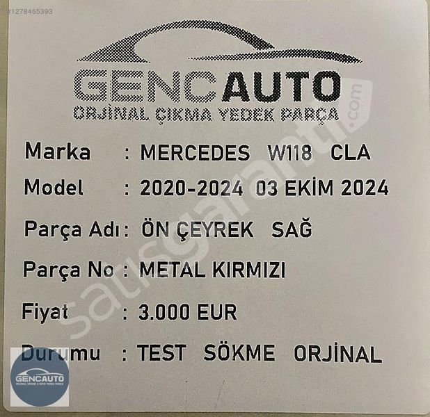 MERCEDES W118 CLA ÖN ÇEYREK SAĞ METAL KIRMIZI SÖKME ORJİNAL